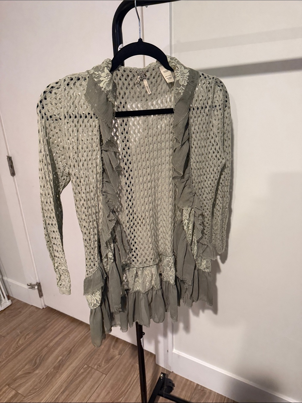 BKE Light Sage Open Crochet Cardigan with Decorative Tie
